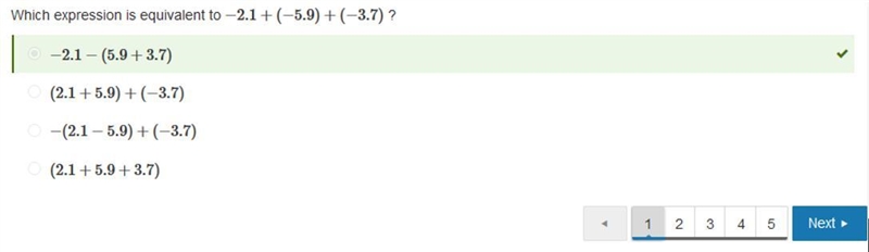 Which expression is equivalent to −2.1+(−5.9)+(−3.7) ? (2.1+5.9)+(−3.7) −(2.1−5.9)+(−3.7) (2.1+5.9+3.7) −2.1−(5.9+3.7)-example-1