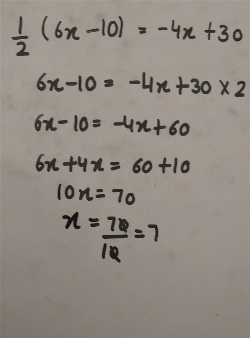 1/2(6x-10)=-4x+30 this is homework due today please help me-example-1