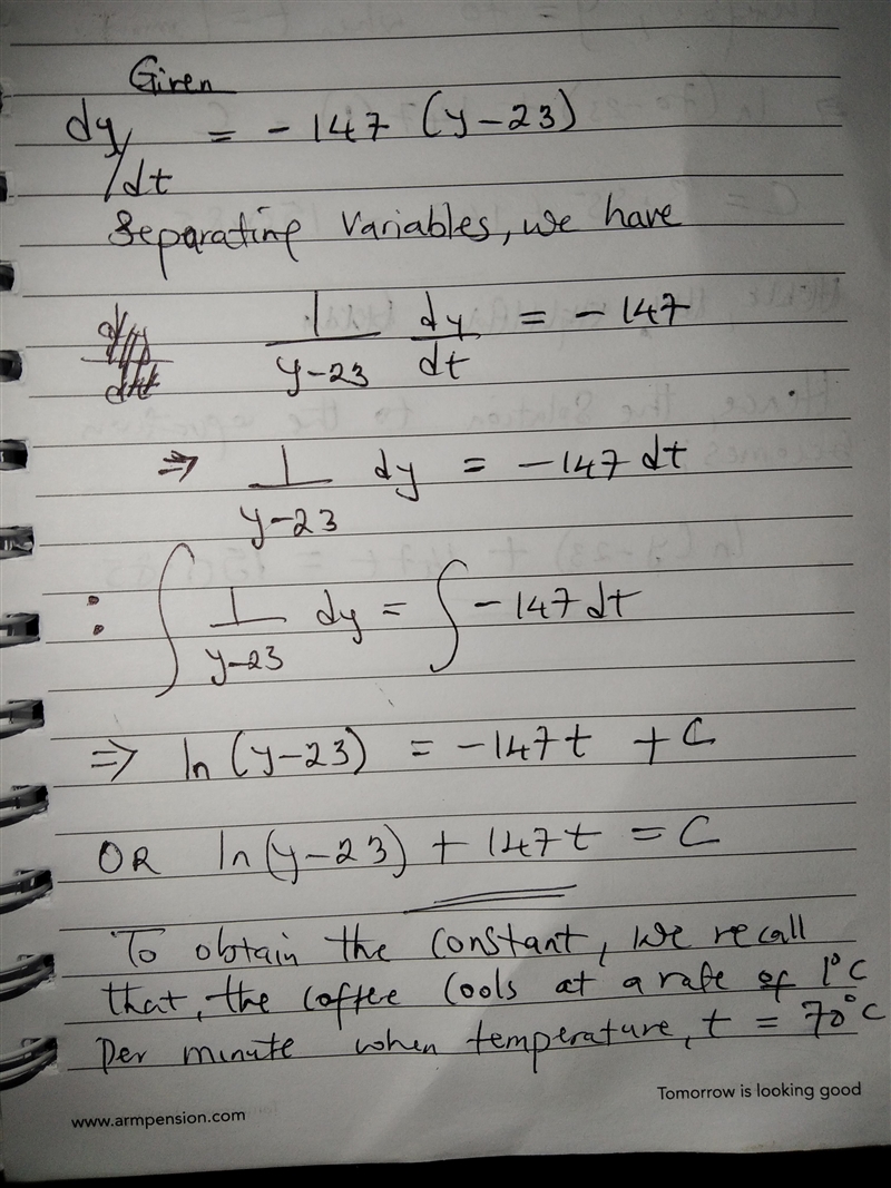 he differential equation below models the temperature of a 95°C cup of coffee in a-example-1