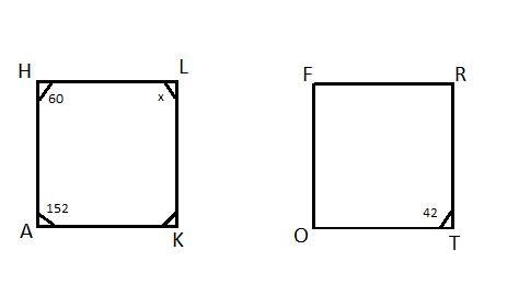 Quadrilateral HALK is congruent to quadrilateral FORT. MZH = 60°. m2L = 152°, and-example-1