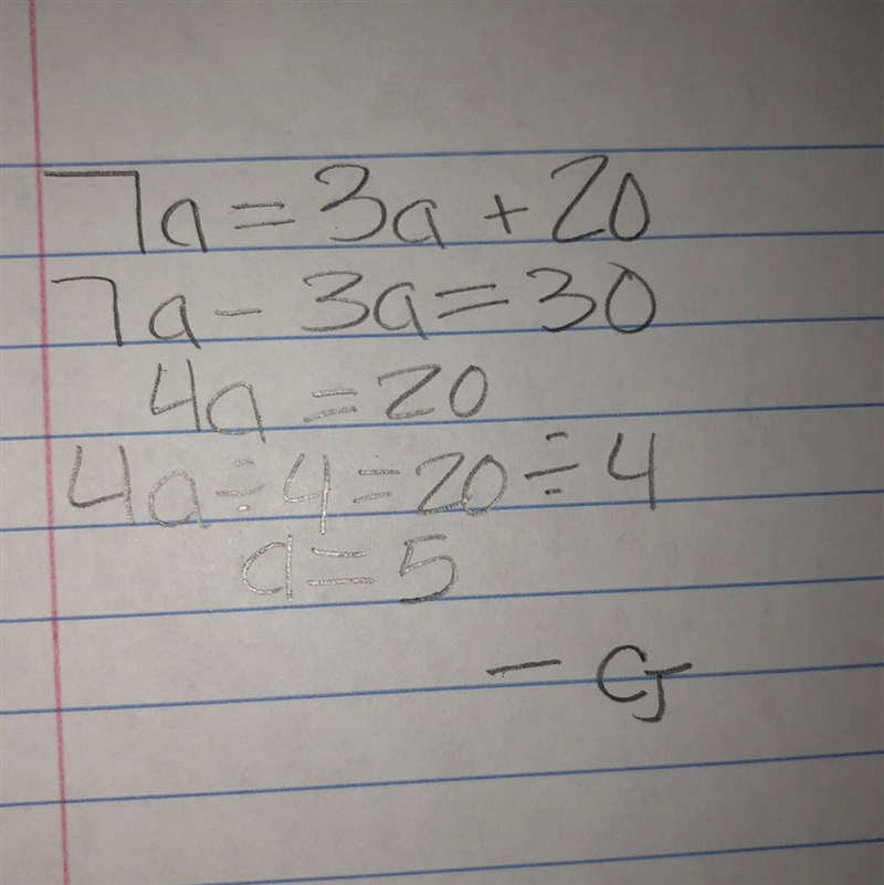 Multi step equations with variables on both sides 7a=3a+20 Plz asap can y’all explain-example-1