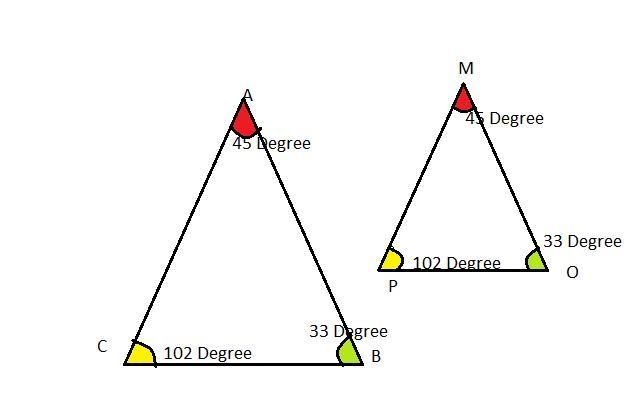 Please help! Triangle ABC is similar to triangle MOP! A = 45 and P = 102. What is-example-1