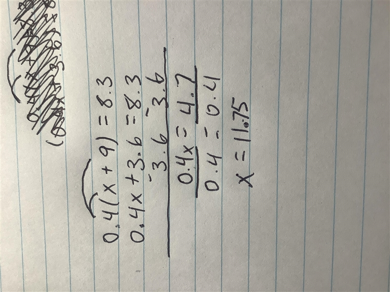 0.4(x + 9) = 8.3 Find x-example-1