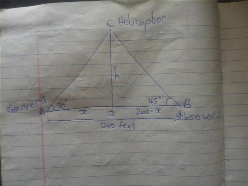 Two observors on the groundsimutaneously measure the angle of elevation to a helicopter-example-1