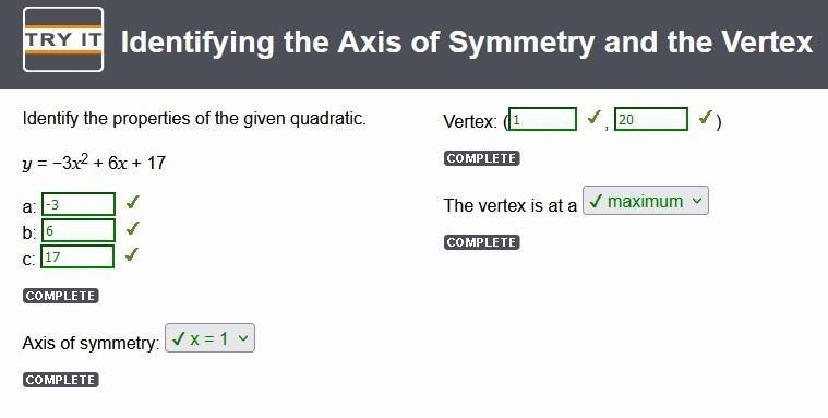 Identify the properties of the given quadratic. y = −3x2 + 6x + 17 a: b: c:-example-1