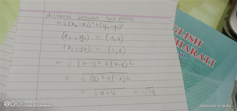 3. find the distance of the line segment with the given end points (1, 6) and (4, 4)-example-1