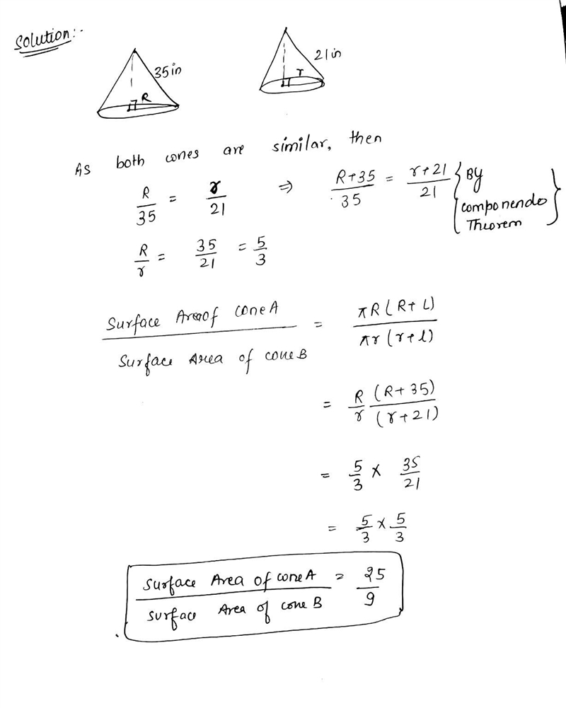 If the cones are similar, what is the ratio of the surface area of Cone A to the surface-example-1