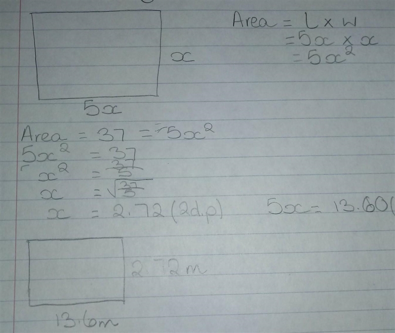 3. The area of a rectangle is 37 square meters. If the length is 5 times the width-example-1