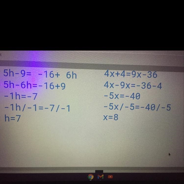 Solve the Equation. 5h - 9 = -16 + 6h ------------------------- 4x + 4 = 9x - 36-example-1