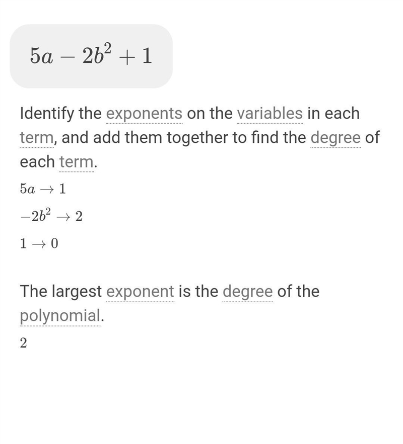 Whats the degree of the polynomial 5a-2b^2+1-example-1