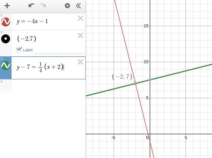 Ldentify an equation in point-slope form for the line perpendicular to y=-4x- 1 that-example-2