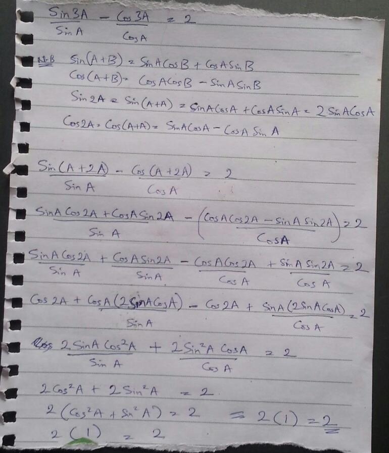 Sin3A/sinA - cos3A/cosA = 2​-example-2