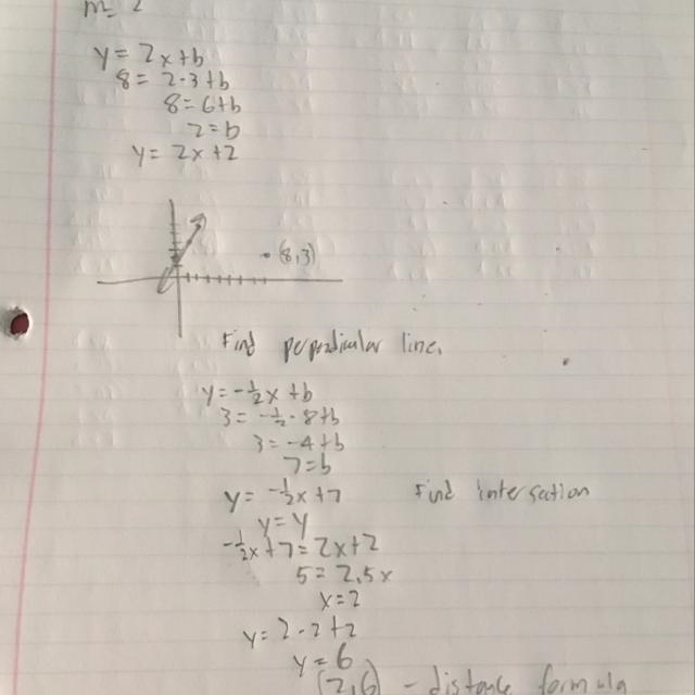 Line with slope 2 passes through point (3,8). What is the distance between this line-example-1