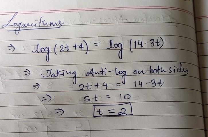 What is the solution of log (2 t + 4) = log (14 minus 3 t)? –18-example-1