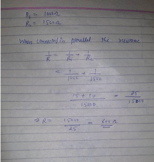 The equivalent resistance of R1 = 1000 ohms and R2 = 1500 ohms connected in parallel-example-1