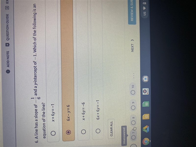 A line has a slope of -1/6 and a y-intercept of -1 . Which of the following is an-example-1