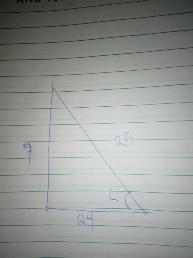 A right triangle has side lengths 7, 24, and 25 as shown below. Use these lengths-example-1