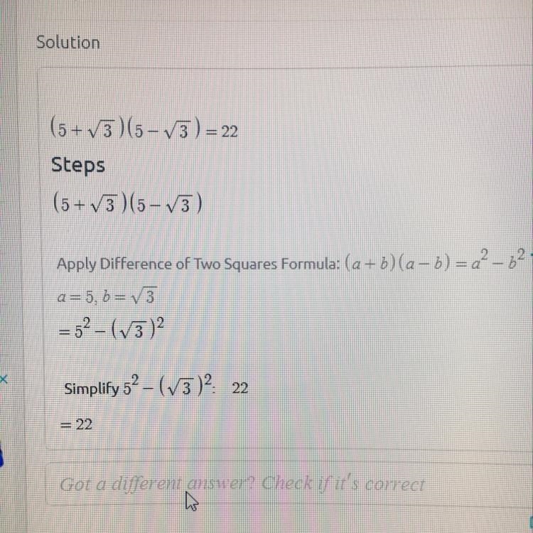 Help is appreciated!! ❤ Simplify the expression (5 + √3)(5 - √3)-example-1