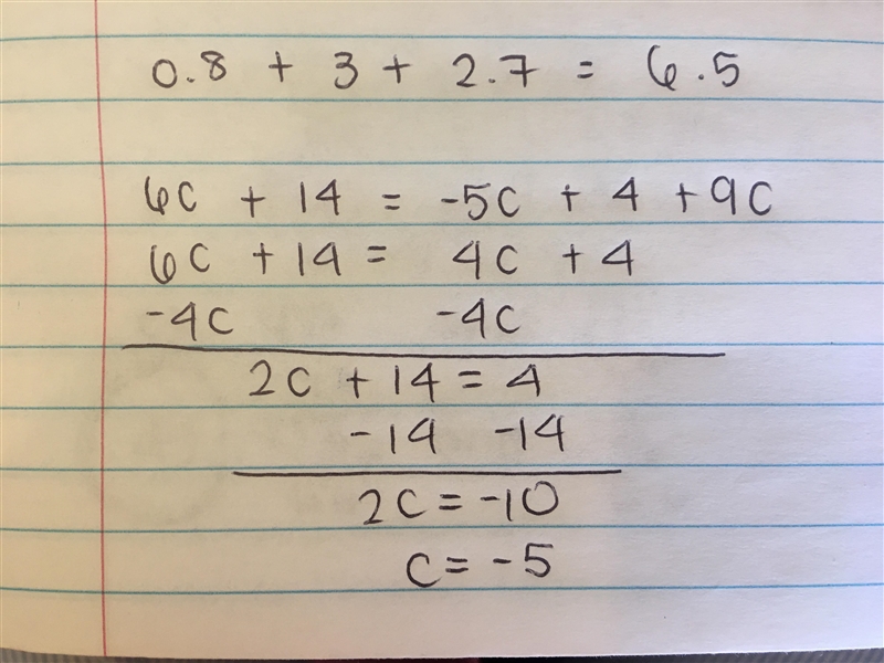 Solve for c. 6c + 14 = -5c + 4 + 9c-example-1