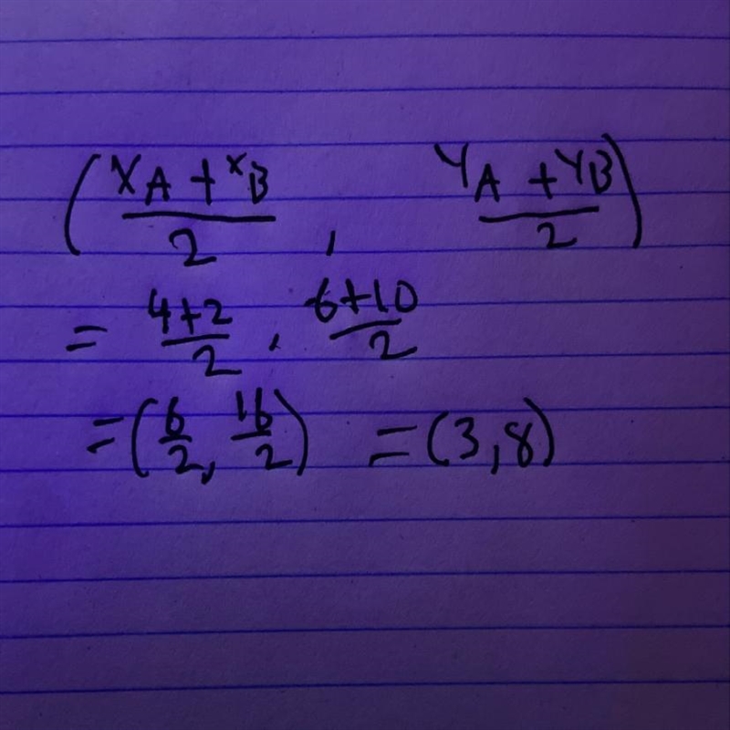 What is the midpoint of (4, 6) and (2, 10)?-example-1