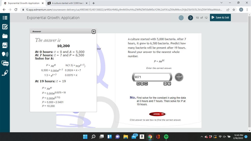 A culture started with 5,000 bacteria. After 7 hours, it grew to 6,500 bacteria. Predict-example-1