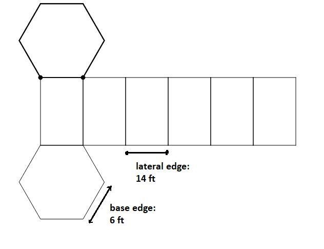 A regular hexagonal prism has a base edge of 6 feet and a lateral edge of 14 feet-example-1