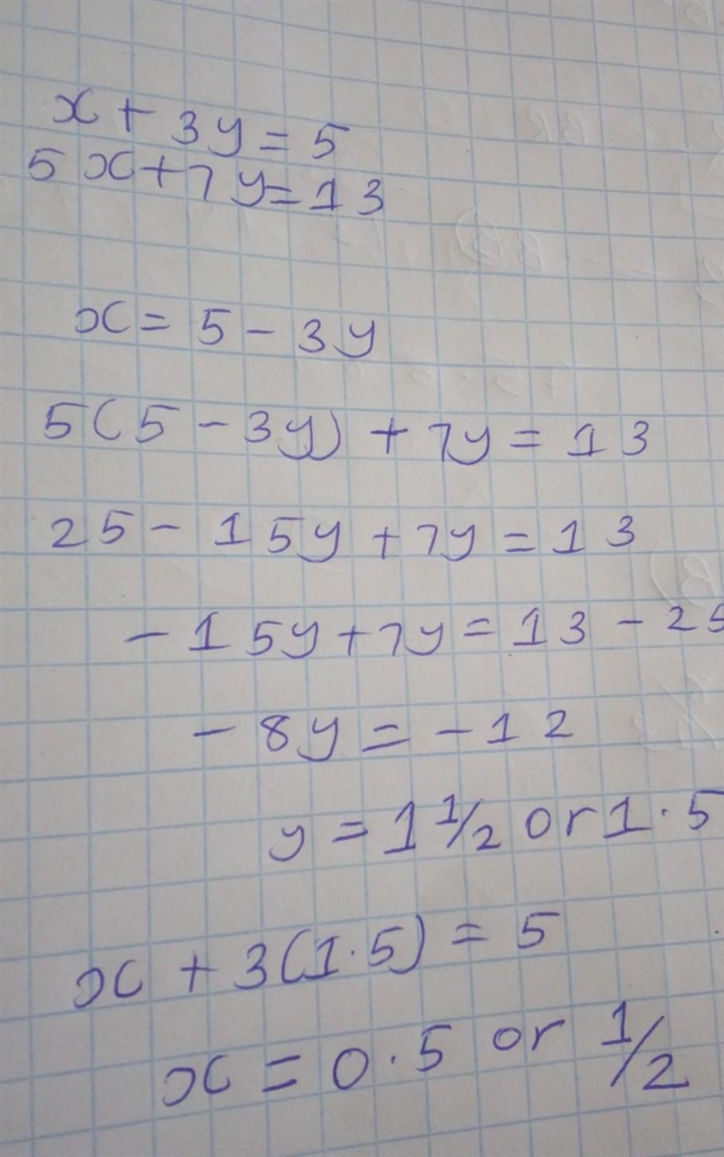 X+3y=5 5x+7y=13 Por sustitución-example-1