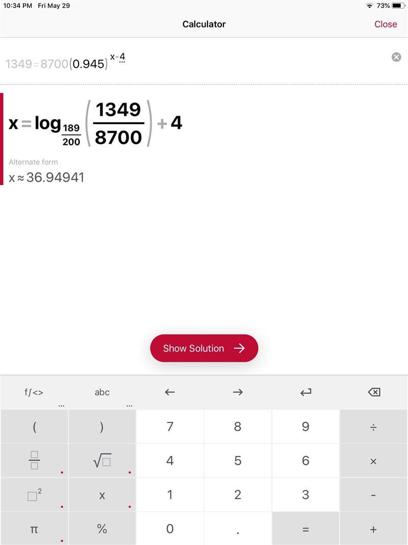 Solve for x to the nearest 10th 1349= 8700(0.945)^{x-4} -551-example-1