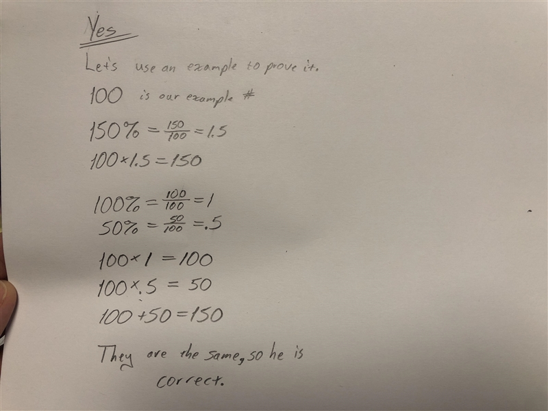 Paul says that 150% of a number is the same as 100% of the number plus 50% of the-example-1