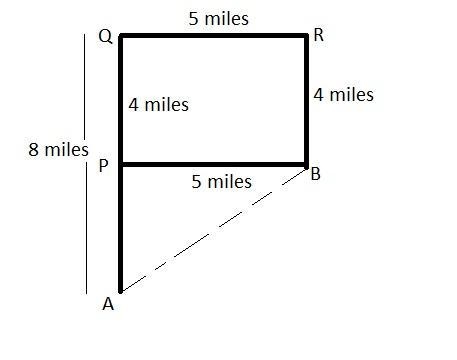 You walk from point A 8 miles due north, then 5 miles dues east, and then 4 miles-example-1