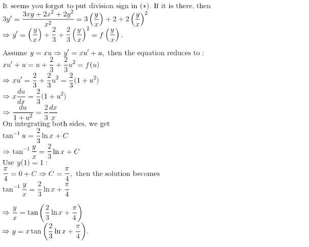 The equation3y′=3xy+2x2+2y2x2, (∗)can be written in the form y′=f(y/x), i.e., it is-example-1