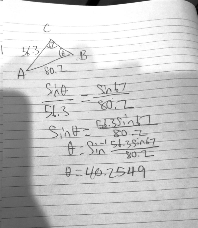 Use the Law of Sines to find the indicated angle 0. (Assume ZC = 670. Round your answer-example-2