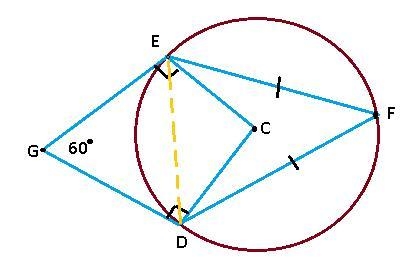 Points E, F, and D are on circle C, and angle G measures 60°. The measure of arc EF-example-2