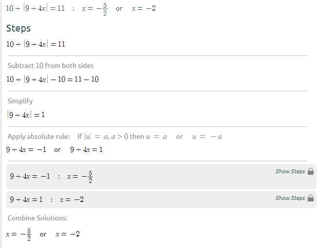 10+∣9+4x∣= 11 ablute value-example-1