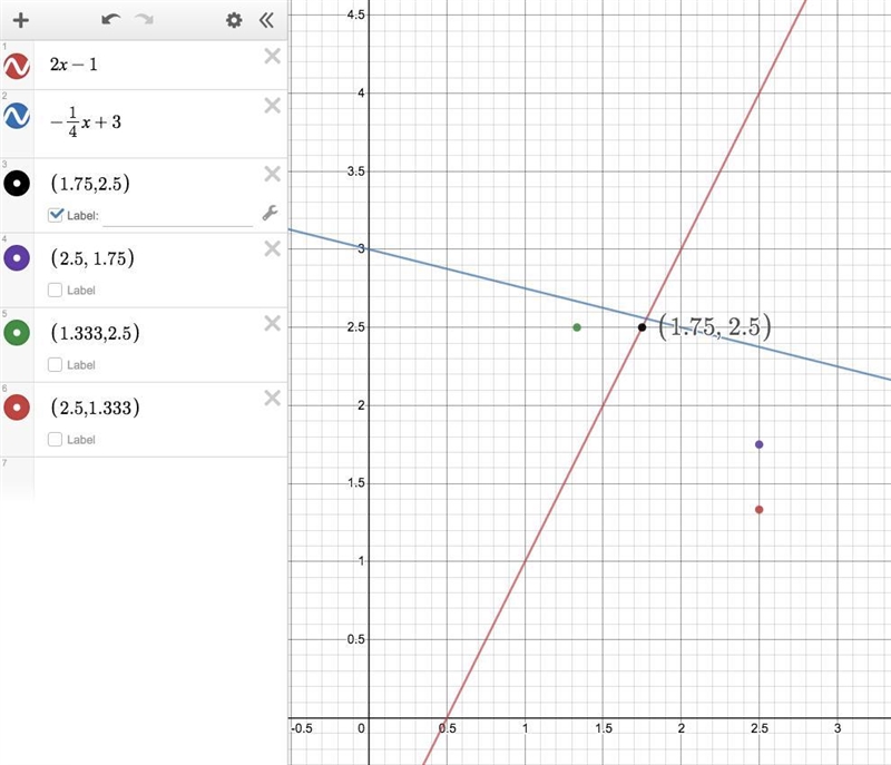 The system of equations y = 2 x minus 1 and y = negative one-fourth x + 3 is shown-example-1