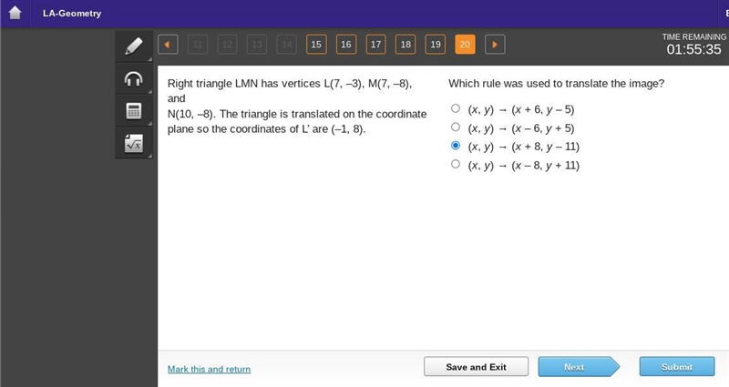 Which rule was used to translate the image? nd e O (x, y) = (x + 6, y-5) O (x, y) = (x-example-1