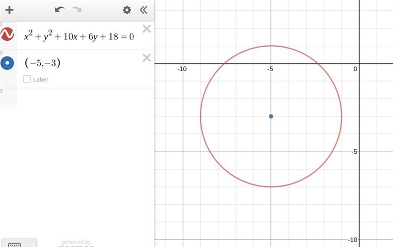 Graph the circle x2 + y2 + 10x + 6y + 18 = 0.-example-1