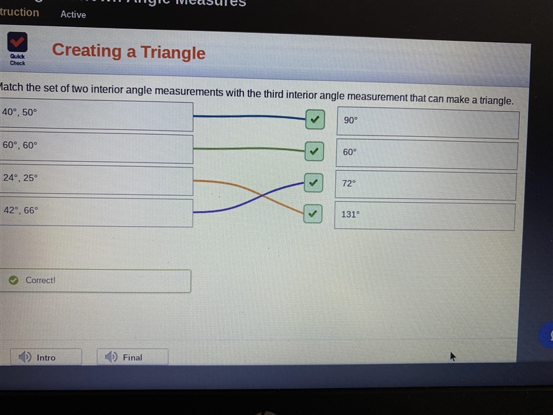 Match the set of two interior angle measurements with the third interior angle measurement-example-1