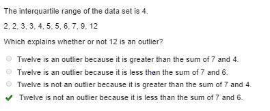 The interquartile range of the data set is 4. 2, 2, 3, 3, 4, 5, 5, 6, 7, 9, 12-example-1