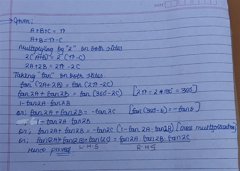 (If A+B+C=180) tan 2A + tan 2B + tan 2C = tan 2A tan 2B tan 2C​-example-1