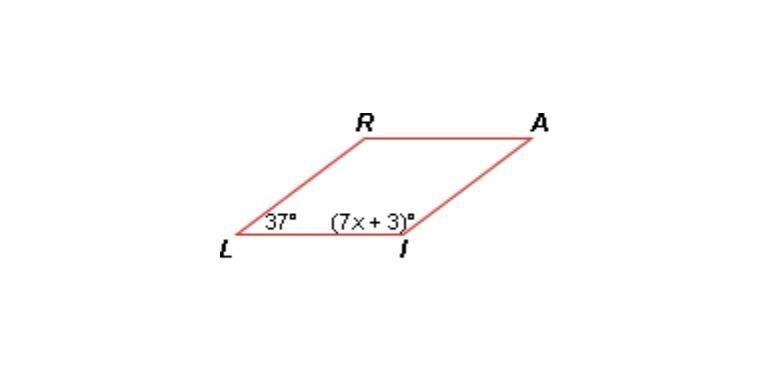 If LIAR is a parallelogram, what is the value of X? R A 377x+3) (2x+3 O A. 42 O B-example-1