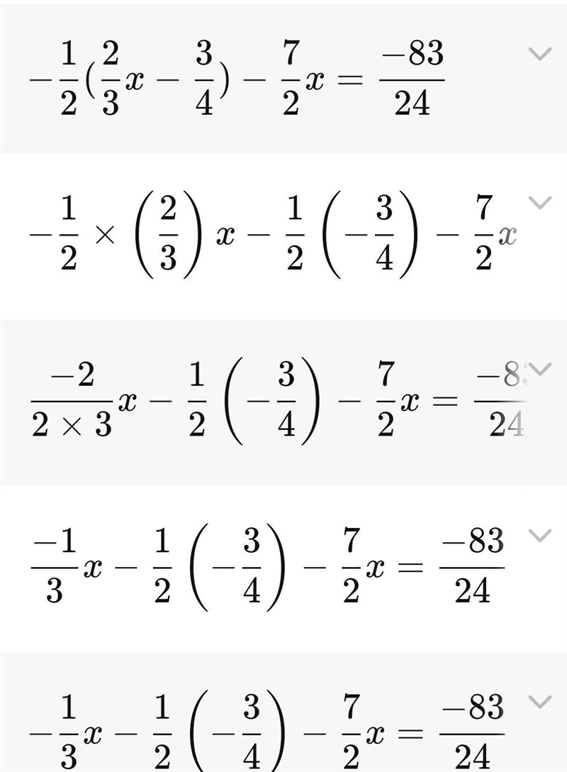 Solve and show work -1/2(2/3x-3/4)-7/2x=-83/24-example-1