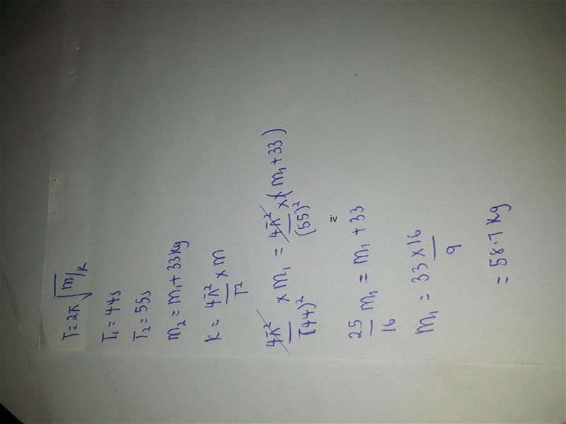 A mass attached to a spring oscillates with a period of 44 sec. After 33 kg are​ added-example-1