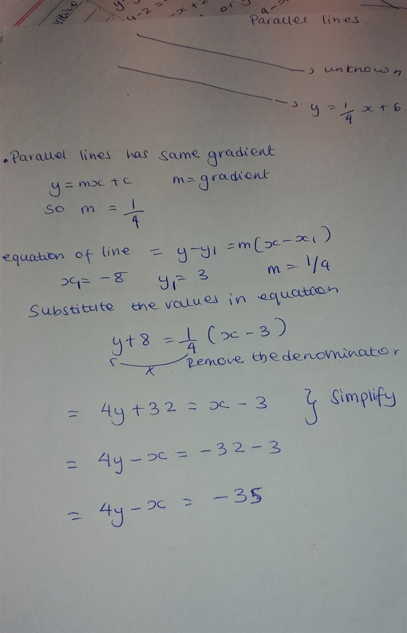 write the equation of the line parallel to y = 1/4x + 6 that passes through the point-example-1