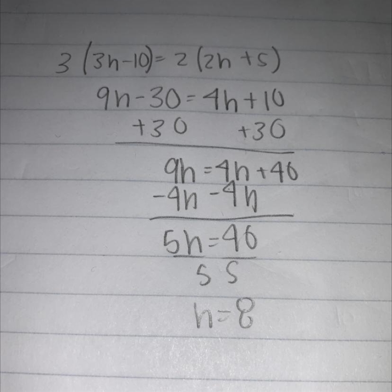 3(3h-10)=2(2h+5) please show work-example-1