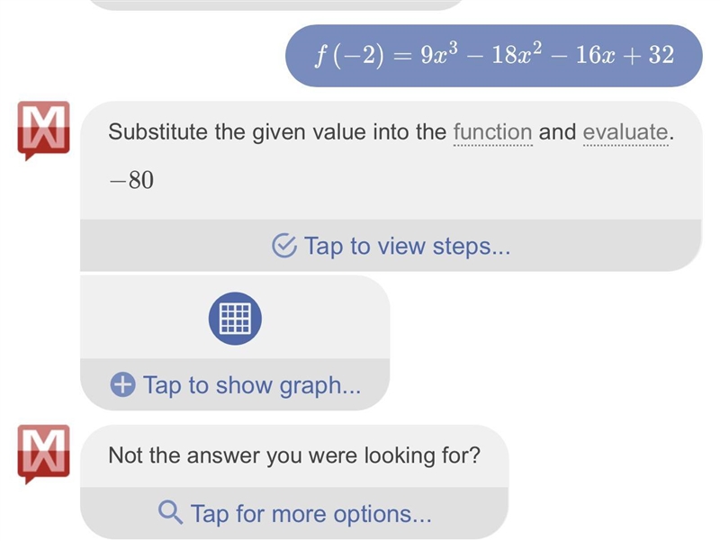 Use synthetic division to determine f(-2) for the function f (x) = 9x^3 - 18x^2 - 16x-example-1