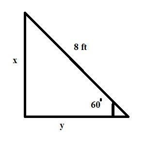 A ladder 8ft long resting against a house makes a 60 degree angle with the ground-example-1