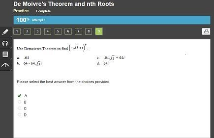 Use Demoivres Theorem to find (-square root 3 +i)^6-example-1