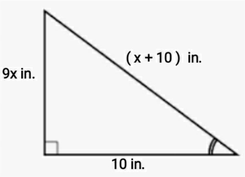 A right triangle has legs with lengths equal to 10 inches and 9x inches. Its hypotenuse-example-1