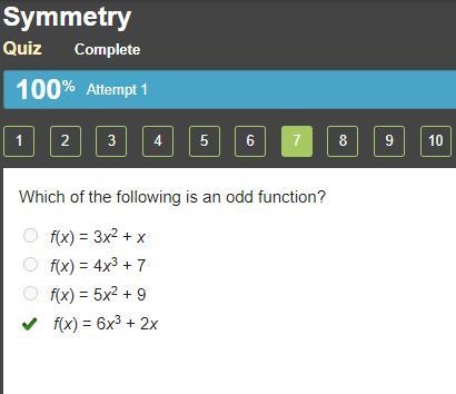 Which of the following is an odd function? f(x) = 3x2 + x f(x) = 4x3 + 7 f(x) = 5x-example-1